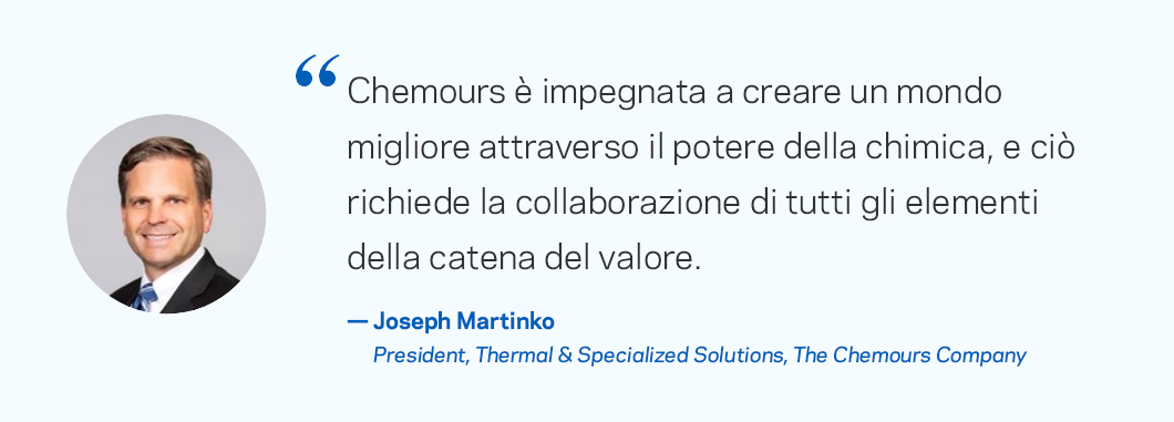 Chemours si impegna a creare un mondo migliore attraverso il potere della nostra chimica e ciò richiede collaborazione lungo tutta la catena del valore.